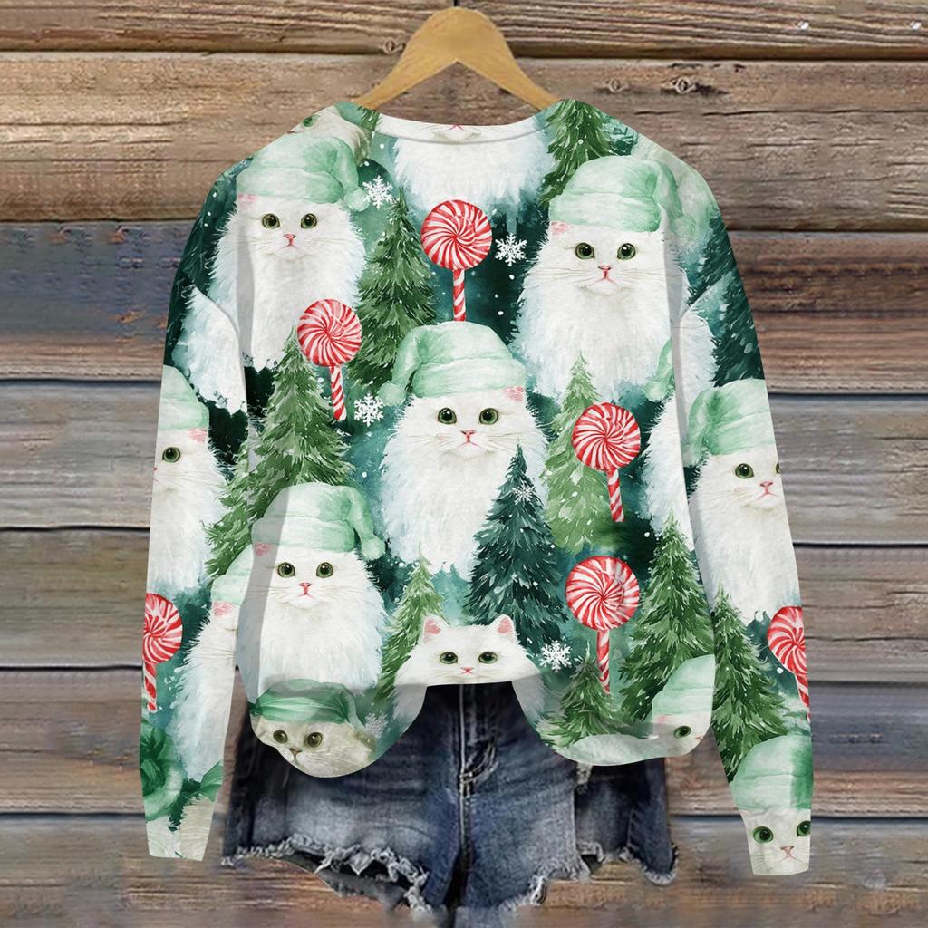 Women's Casual Long Sleeve Christmas Print Neck Pullover Sweatshirt