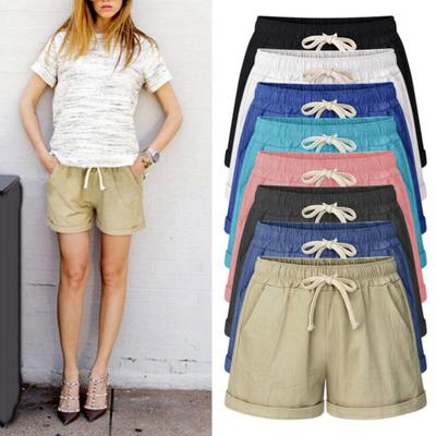 Shorts Femininos Casuais de Verão Plus Size Cor Sólida com Cordão Hot Pants Largos