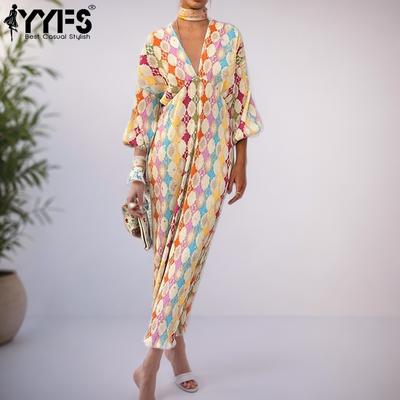 Women's Fashion Spring Fall Colour Block Print Long Sleeve V-Neck High Waist Casual Dresses