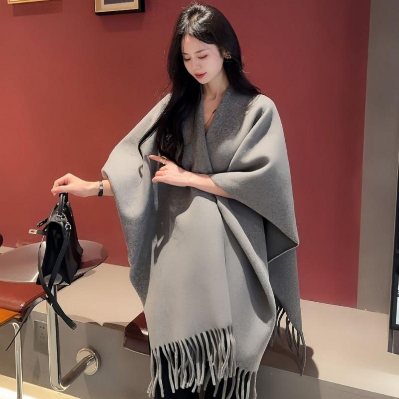 Solid Color Knit Shawl Wrap Women Winter Warm Oversized Cape Scarf Lightweight Stylish Layering Accessory Gray
