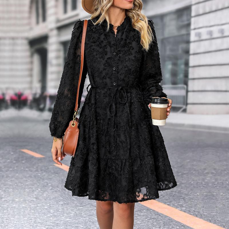 Abito da donna autunno inverno a maniche lunghe con stampa elegante scollo a V a vita media di media lunghezza
