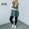 Women Sweater V-neck Sleeveless Solid Color Knitting Vest with Pockets Ribbed Trim Loose Fit Mid-length Casual Knitwear