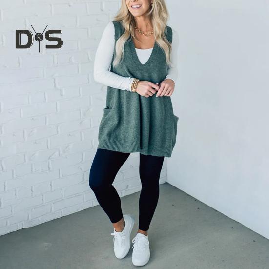 Women Sweater V-neck Sleeveless Solid Color Knitting Vest with Pockets Ribbed Trim Loose Fit Mid-length Casual Knitwear