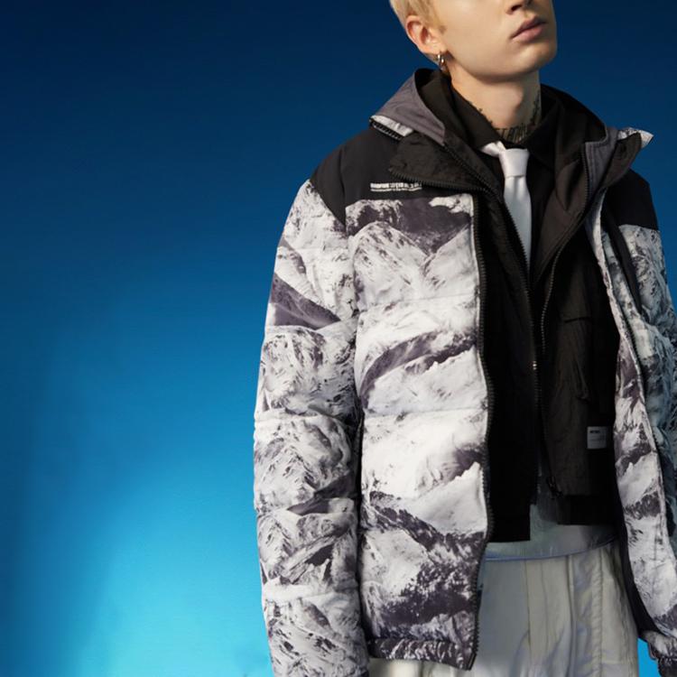 Li Ning Badfive Basketball Series Short Stand Collar Down Jacket Winter Men Jacket Snow-Mountain-Print AYMQ549-3