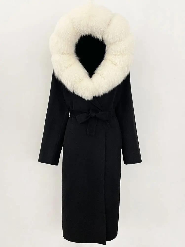 OFTBUY Winter Women Coat Real Natural Fox Fur Hooded Detachable Collar Double-faced Woolen Jacket Long Casual Elegant Overwears