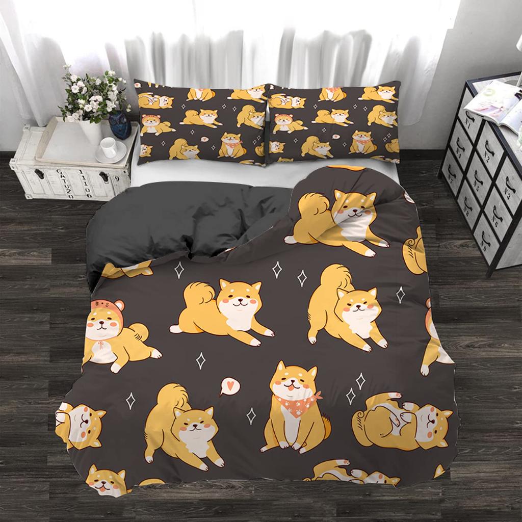 Cartoon Shiba Inu King Queen Bedding Set Yellow Pet Puppy Duvet Cover Cherry Blossoms Tree Quilt Cover Polyester Comforter Cover