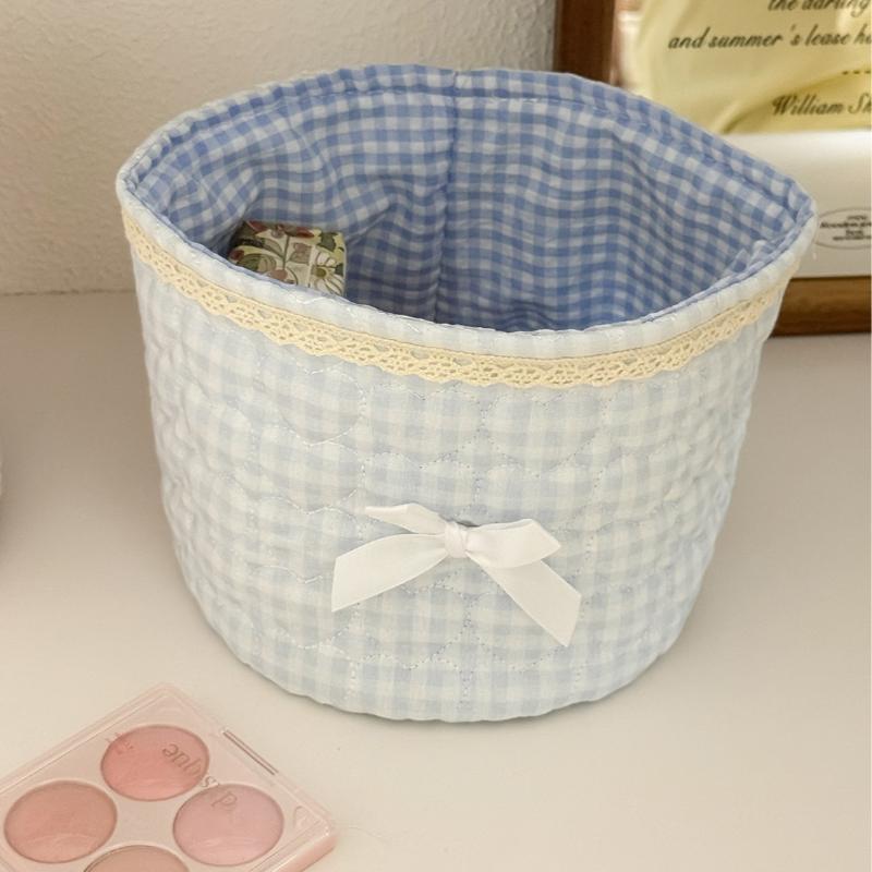 Cute Love Heart Storage Box Quilting Cotton Bow Desktop Storage Basket Large-Capacity Round Storage Frame Home Decoration
