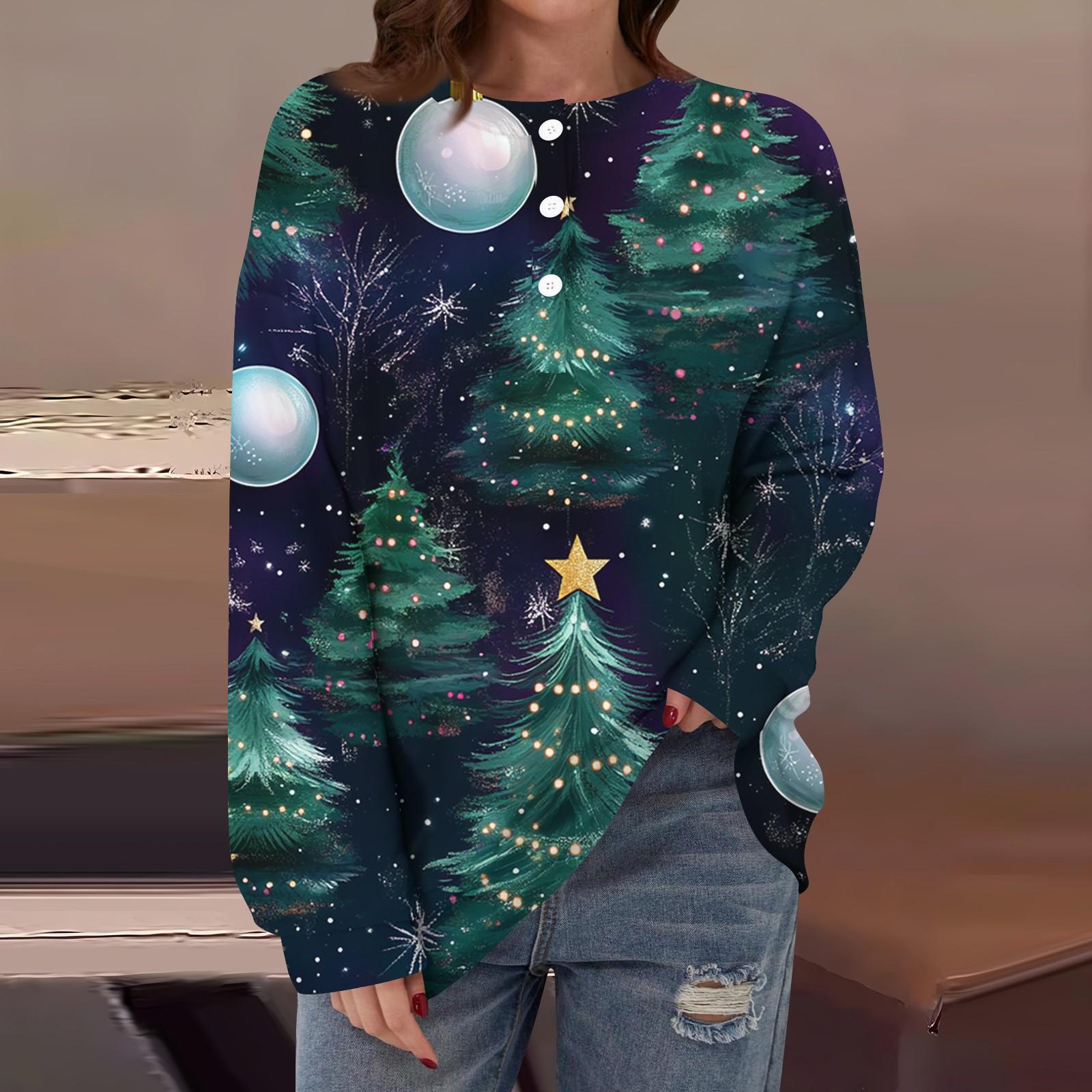 

Женская повседневная свободная толстовка с длинным рукавом, пуговицами и круглым вырезом с рождественским принтом XXXL тёмно-синий