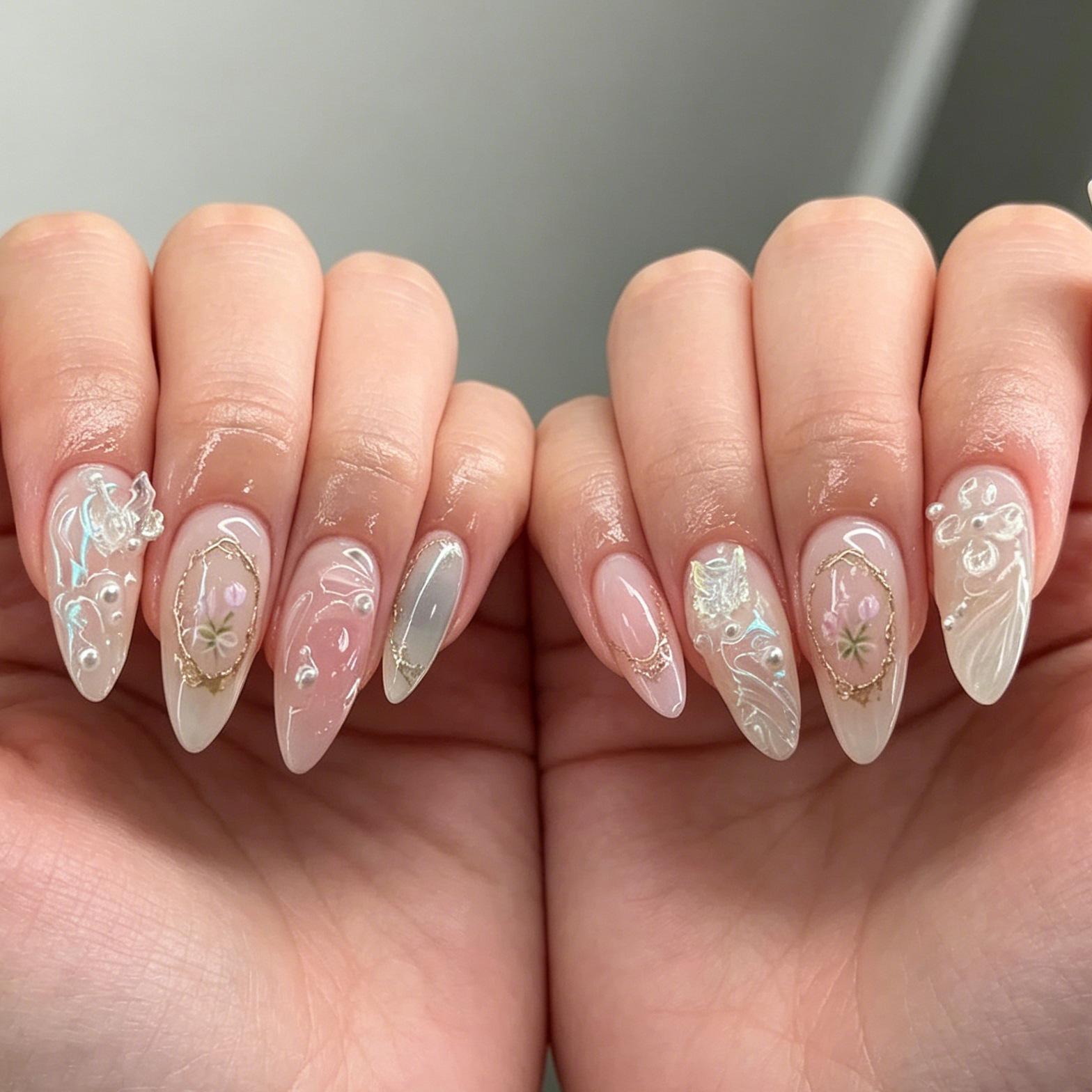 24 Pieces Of Manicure 3D Three-Dimensional Relief Pearl Butterfly Aurora Tulip Almond Wearing Armor Jelly glue + rubbing strips