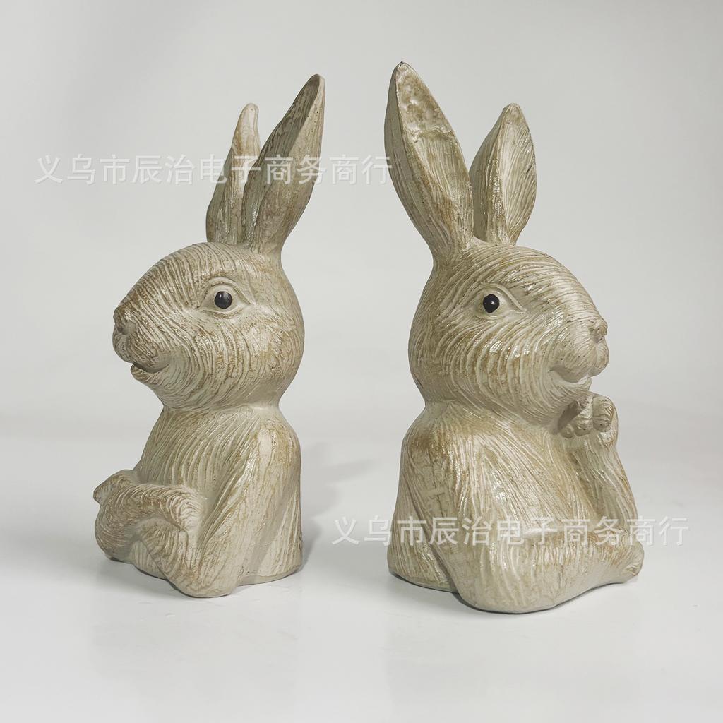 Pastorales Harzkaninchen 2-teiliges Set, Desktop-Dekorationsornament, Retro- und alte amerikanische Landgartenstatue