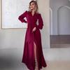 2025 European & American Women's Slim French V-Neck Long Dress with Tie-Up, Slit, and Long Sleeves