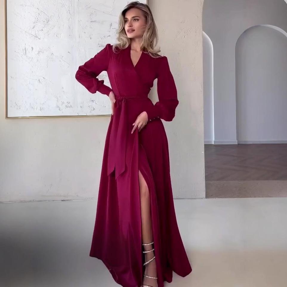 2025 European & American Women's Slim French V-Neck Long Dress with Tie-Up, Slit, and Long Sleeves