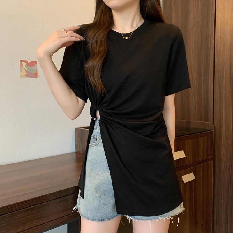 Women's Summer Loose-Fit Cotton T-Shirt with Irregular Slit and Slimming Design