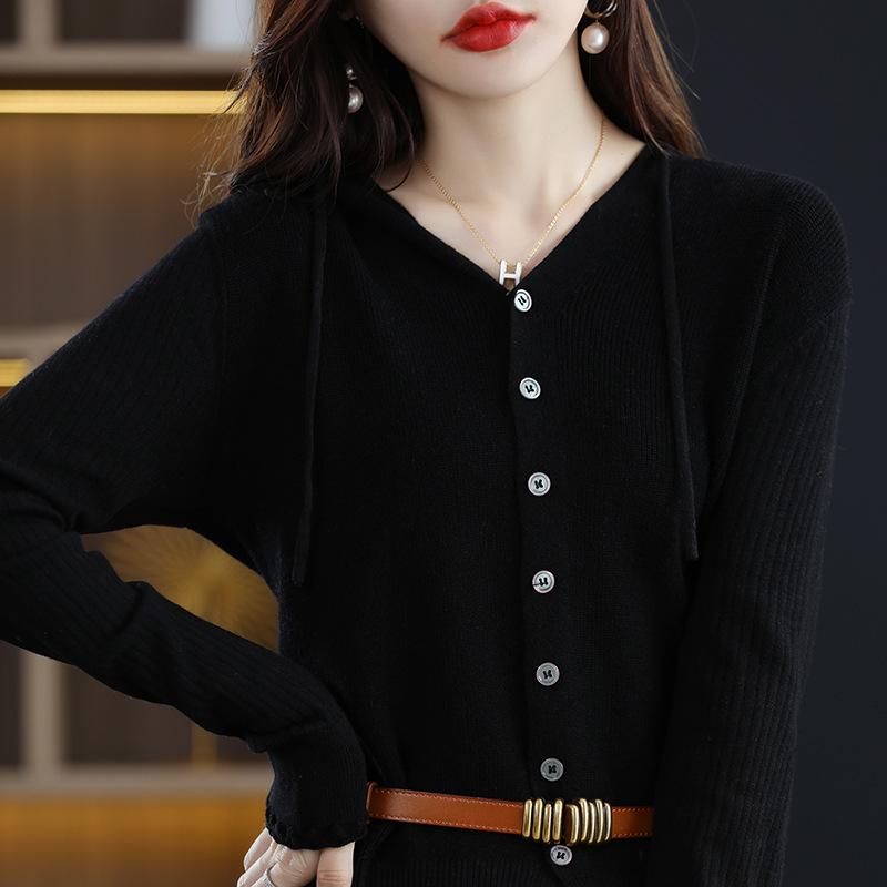 Hooded Cardigan for Women's Spring and Autumn New Loose and Versatile Long-sleeved Wool Hoodie Jacket Top
