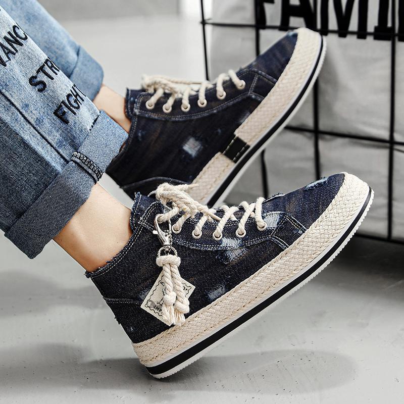 Fashion Denim Men's Canvas Shoes Breathable High Top Shoes for Men Slip On Sneakers Male Spring Summer Casual Platform Vulcanized Shoes