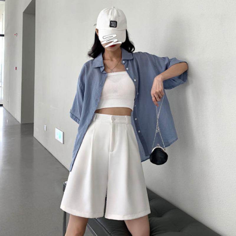 Suit Shorts for Female Students In Summer Thin High Waist Wide-leg Macaron Ice Silk Straight Loose Outer Five-point Mid-pants