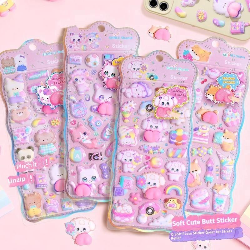 1/4Pcs Kawaii Cartoon 3D Animal Fart Peach Stereo Sticker Stereoscopic Lovely Relieve Stress Stickers Diy Decor Stickers