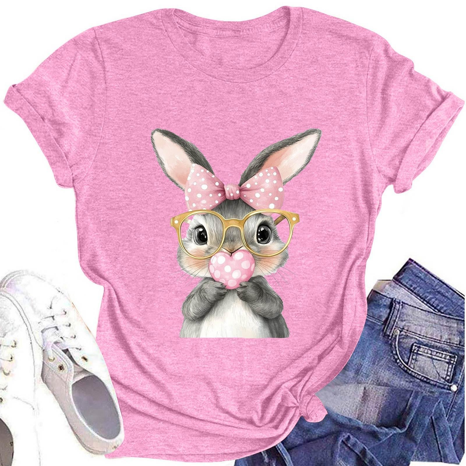 

Женская модная футболка с круглым вырезом и коротким рукавом, повседневный топ с пасхальным принтом XXL розовый