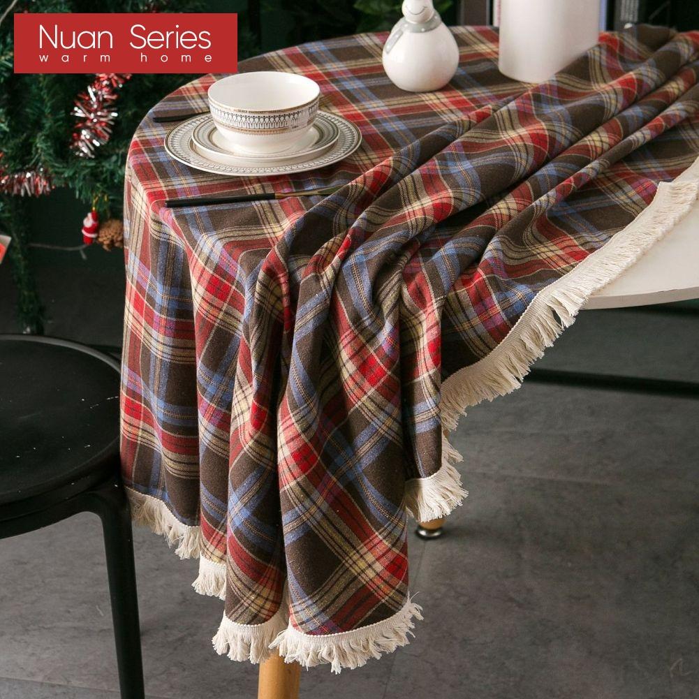 1PC Nuan Series Christmas Plaid Printed Tassel Edge Table Cloth Retro Party Decoration Table Cloth for Kitchen Dining Table Coffee Table Home Decor