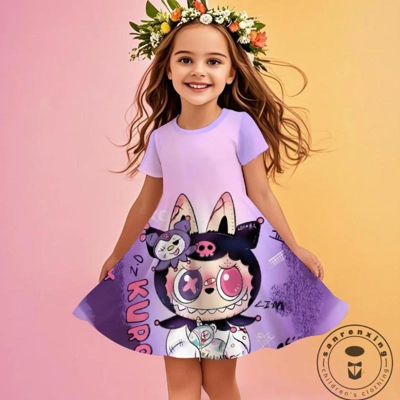 

25-26 MINISO Summer Cartoon Catch Teenieping 3DPrint Dress Fashion Kids Short Sleeve Princess Dress Girls Party Children Clothes 100