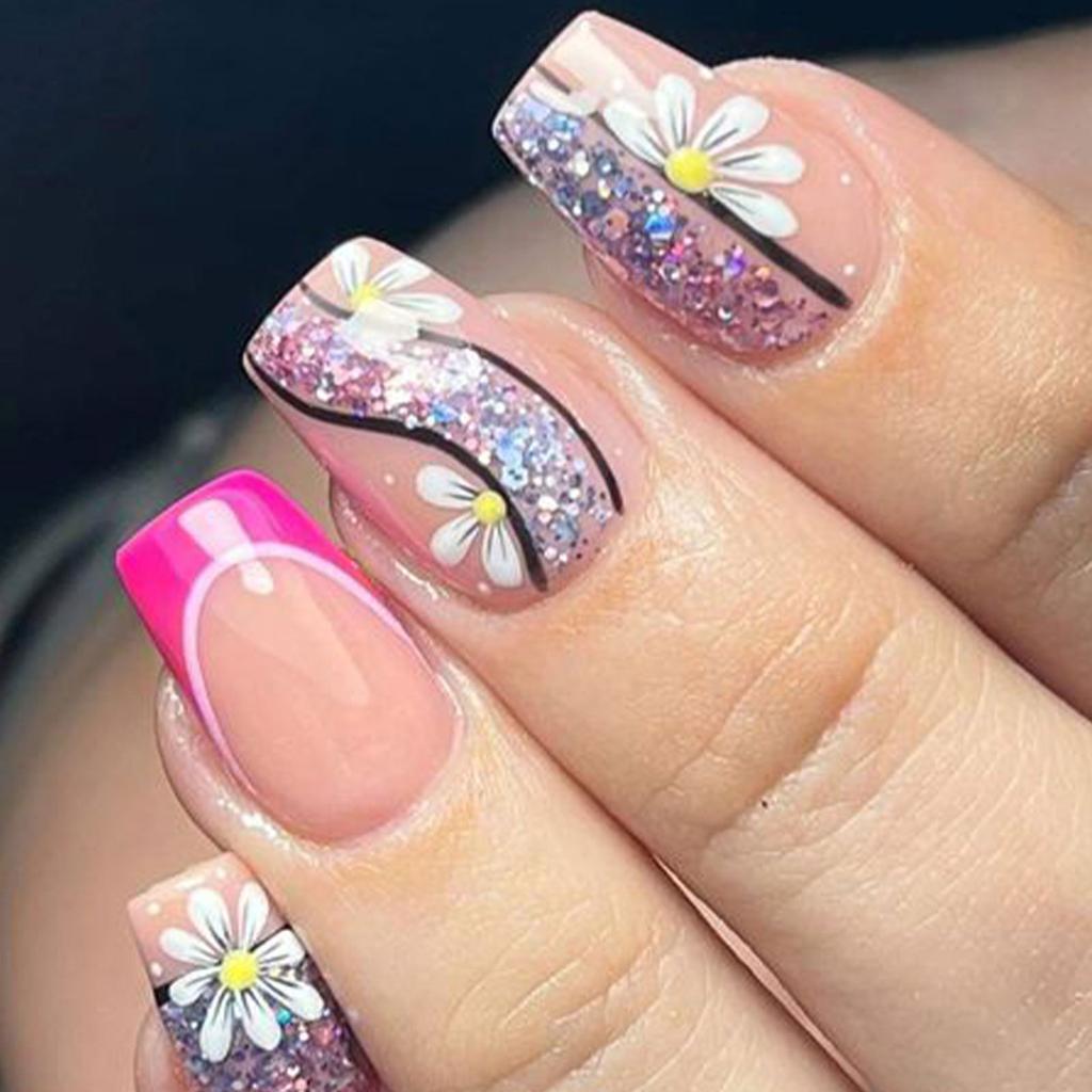 24pcs/set Short Saure Fake Nails for Spring Summer Season French Style Flowers Butterfly Design Press On False Nail Art Tips