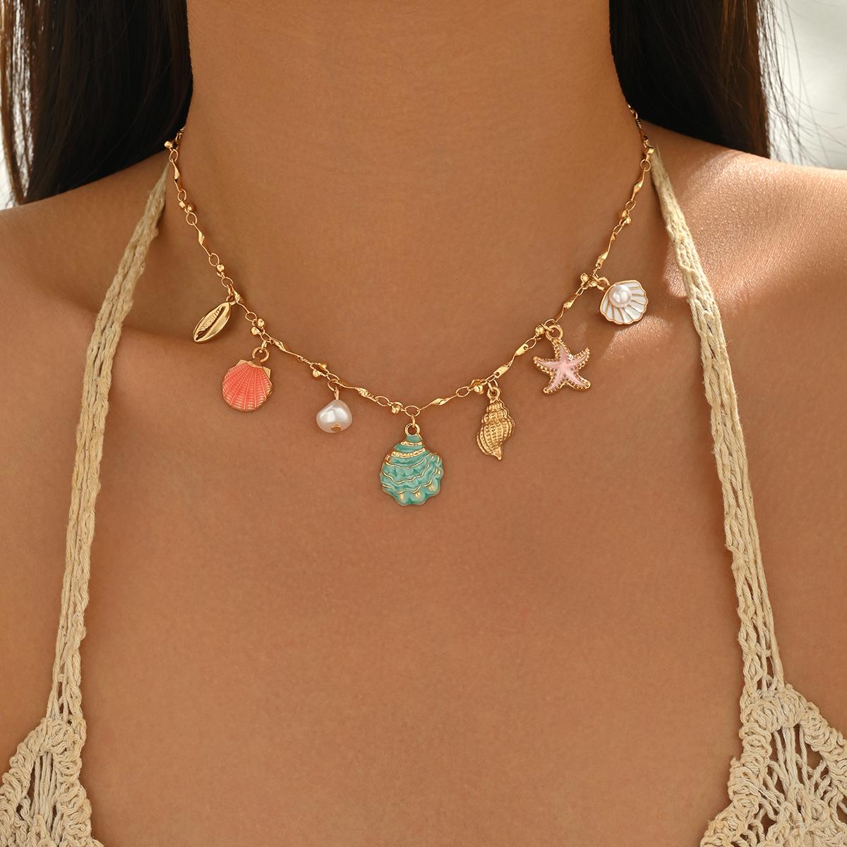Colorful Enamel Choker Necklace for Women Shell Starfish Pearl Pendant Boho Beach Adjustable Summer Fashion Jewelry