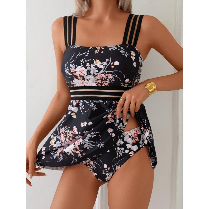 

Сексуальный купальник из двух частей с сеткой и лентами, женский купальный костюм с принтом, с высоким воротом, женский купальник для плавания, летняя пляжная одежда XL чёрный