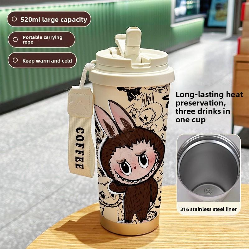 Large-capacity Stainless Steel High-value Double-drink Thermos Cup, Seven Straws, Car Coffee Cup, Cute