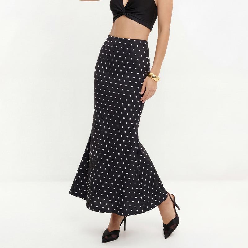 Women High Waist Polka Dot Mermaid Maxi Skirt Slim Fit Elegant Long Skirt