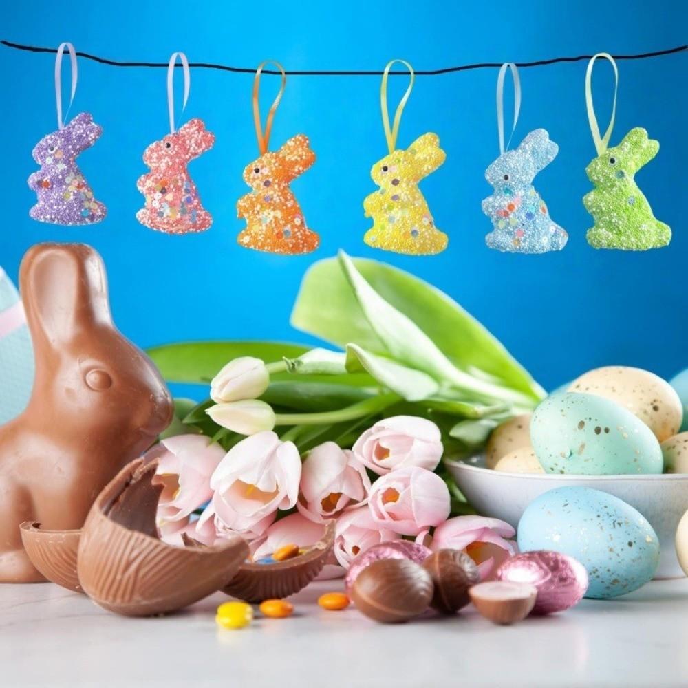 6Pcs Colorful Foam Easter Rabbit Animal Mold Easter Bunny Decor Sequin Bunny Ornament  Kids Gift