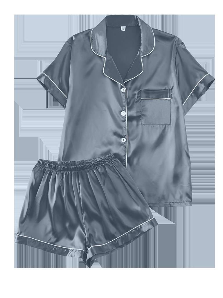 European Summer Ice Silk Pajama Set: Casual, Solid Color, Short Sleeve & Shorts, Breathable Comfort.