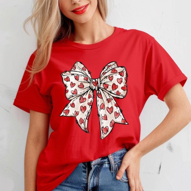 Valentines Day Heart Bow Coquette Bow Trending TShirt Novelty Gift for Girlfriend Crewneck Casual Style Printed Tshirt Tops