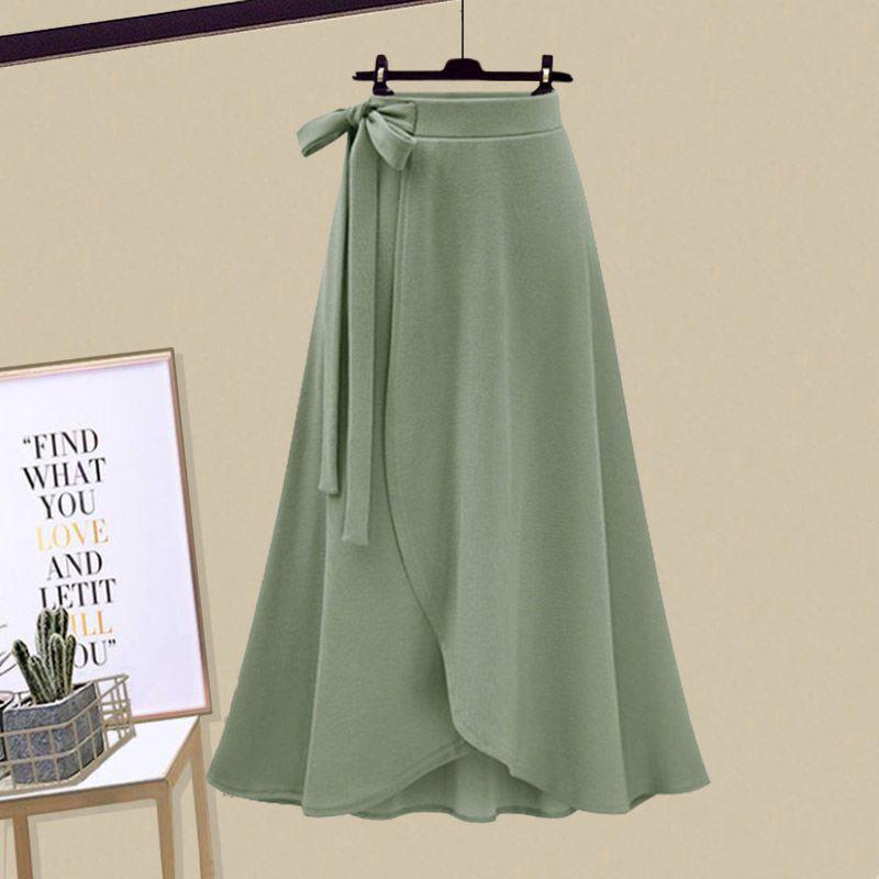 2026 Spring Plus Size Women's Sweet Bow Top & Skirt Set - Black & Green