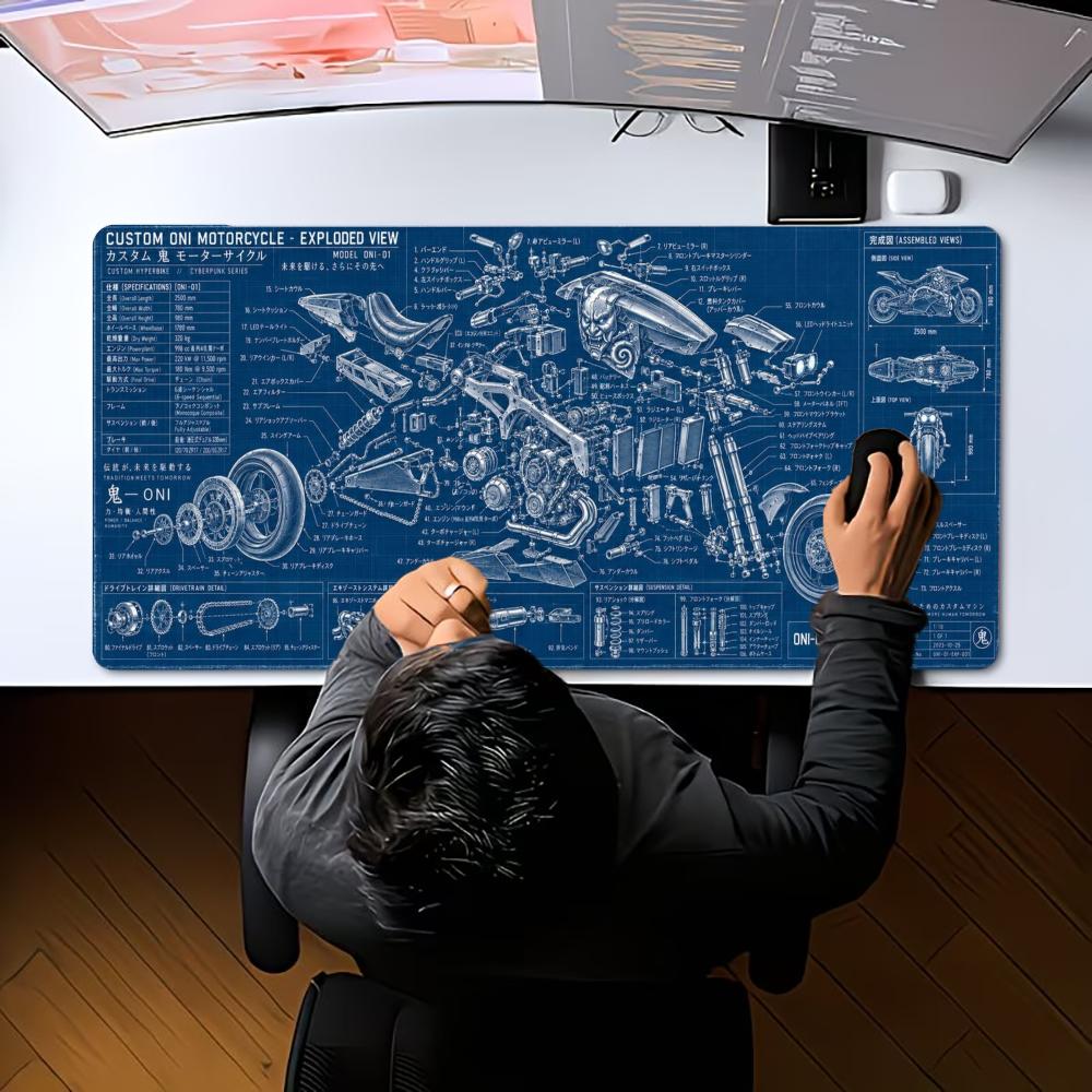 Blue Mechanical Motorcycle Mouse Pad Blueprint Non-slip Large Pc Gamer Keyboard Deskmat Gaming Accessories Computer Mousepad XXL