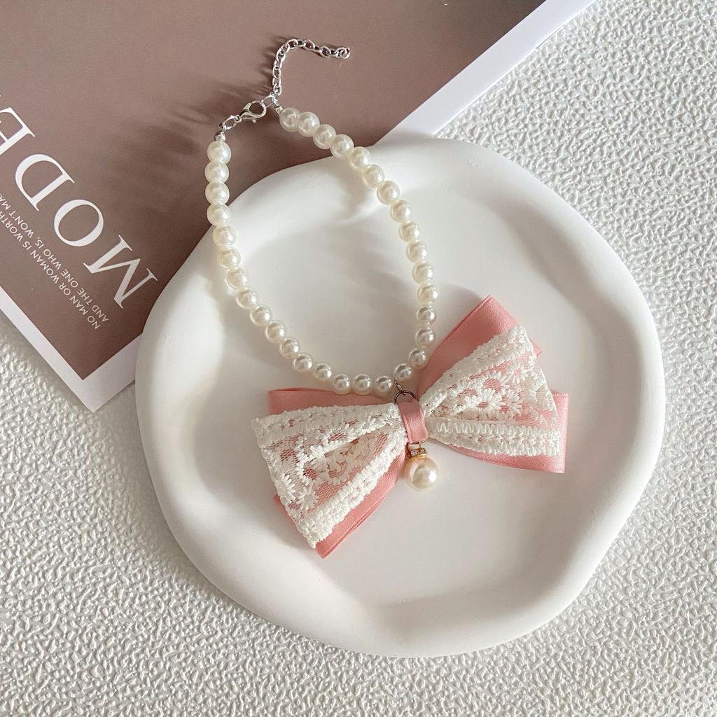 INS Princess Style Bow Ribbon Pet Pearl Necklace Sweet Temperament Cat Dog Collar Neck Ornament Neck