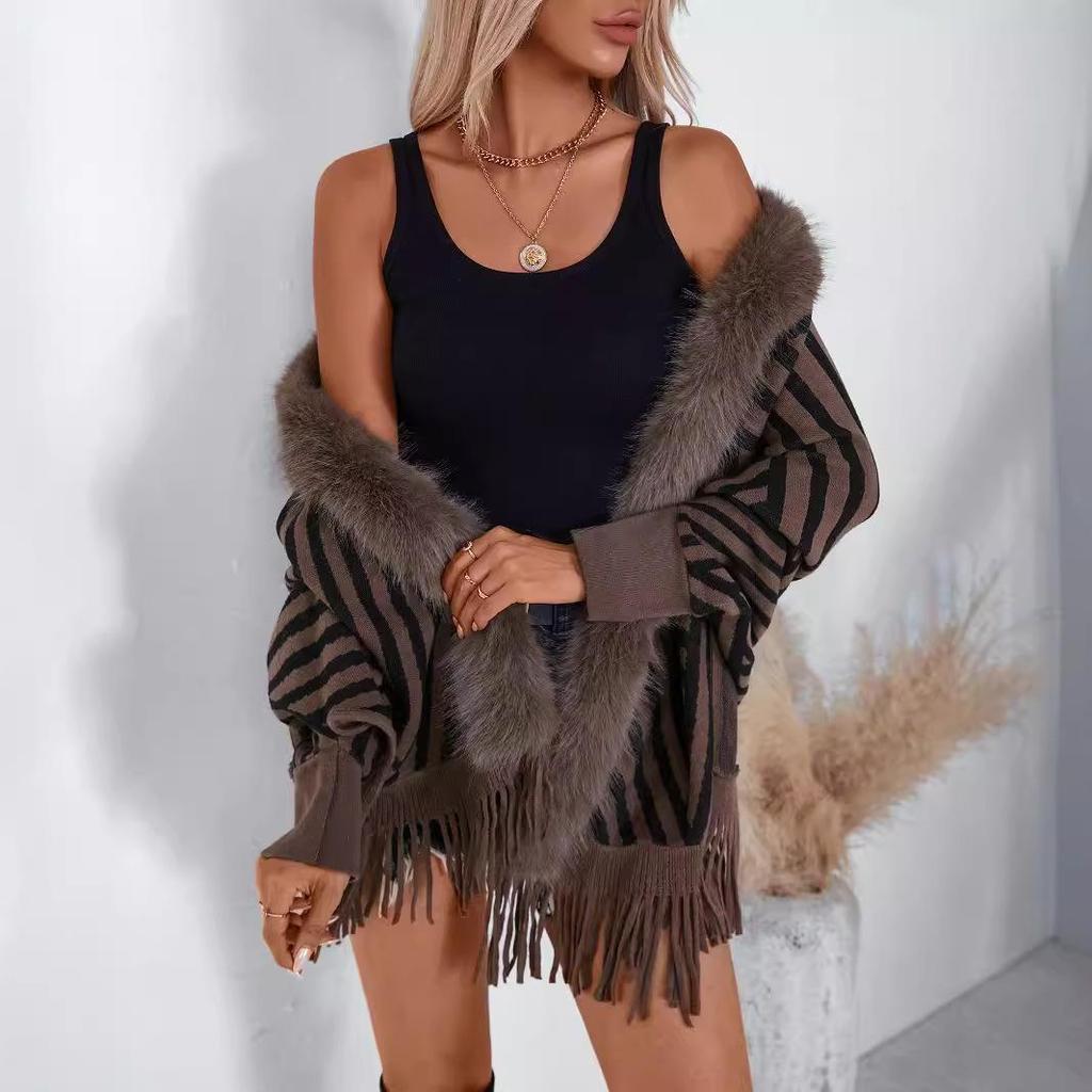Autumn and Winter Women Stripe Loose Bat Sleeve Cross Border Cloak Cardigan Knitwear Stand Collar Sweater