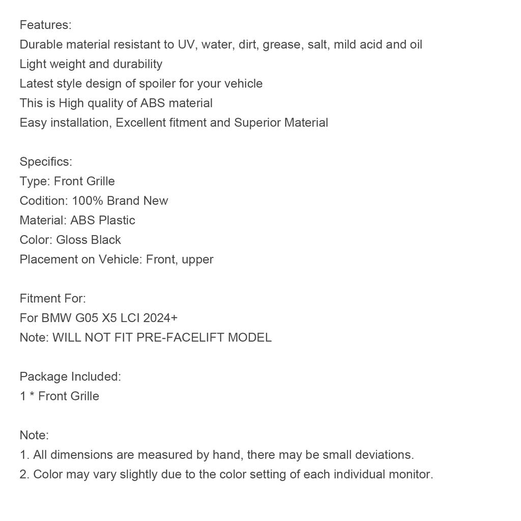 Gloss Black Front Bumper Grille Grill Fit BMW G05 LCI X5 2024+ Single Line