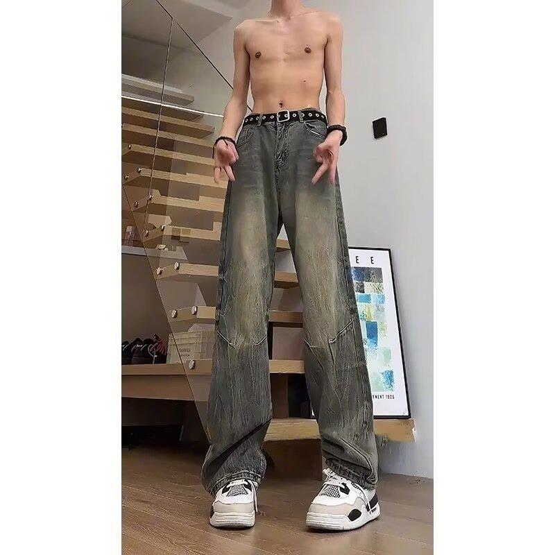 Bamboo lightning pattern jeans men's American high street niche design pants high waist straight tube slightly pulled trousers