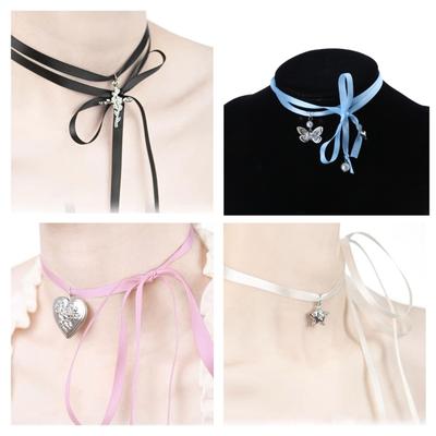 Ribbon Strap Bowknot Opening and Closing Photo Album Photo Frame Necklace Cute Girl Necklace Spring Summer Necklace