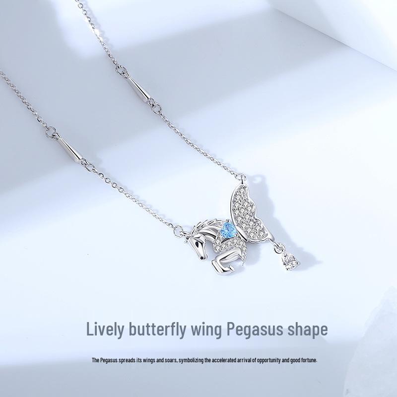 Tichia S925 Sterling Silver Pegasus Necklace - Original Butterfly Wing, Light Luxury Design, 2026 Zodiac Horse Clavicle Chain for Women
