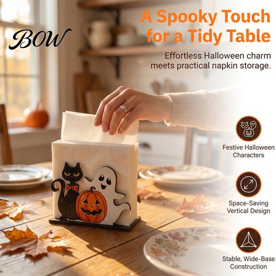 Decorative Tabletop Organizer Halloween Ghost Wooden Napkin Holder, Cute Paper Towel Autumn Themed Holder Stand, Freestanding Tissue Dispenser