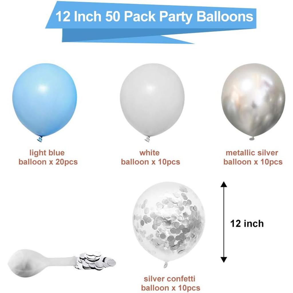 12inch-50pcs blue silver and white latex balloon set with confetti, suitable for weddings, birthdays, pop parties
