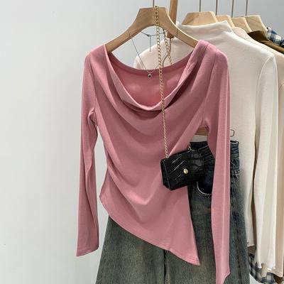 Slim-fit Irregular Swinging Collar Shoulder Top Women's Autumn New Sweet and Spicy Versatile Bottoming Shirt Long-sleeved Shirt