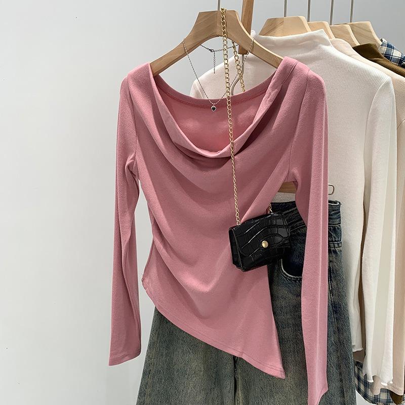 Slim-fit irregular swinging collar shoulder top women's autumn new sweet and spicy versatile bottoming shirt long-sleeved shirt