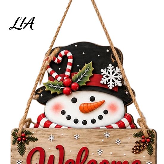 Holiday Festive Wood Pendants 2D Flat Christmas Wooden Door Hanger Sign, Santa & Snowman Welcome Party Decorations Hanging Plaque, Merry Front