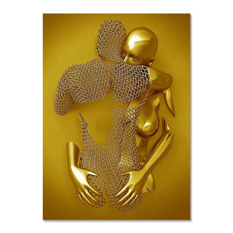 Metal Figure Statue Art Canvas Painting Golden Modern Lovers Sculpture Poster and Print Wall Pictures for Living Room Home Decor
