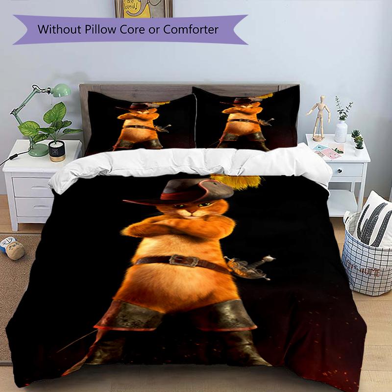 3pcs Puss In Boots Bedding Set Duvet Cover Closure Includes 1 Duvet Cover & 2 Pillowcases, Soft and Comfortable for All Seasons.