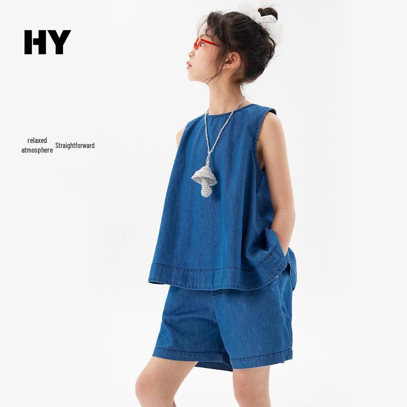 

Girls 2025 Summer Korean Style Sleeveless T-Shirt Two-Piece Set 150 cm синий