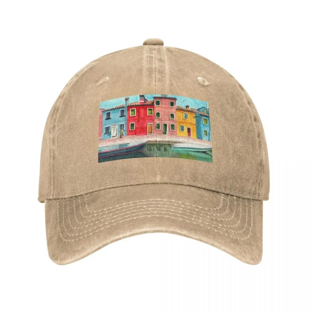 Watercolor Burano quarter in Venice Baseball Cap summer hat Fishing cap Vintage Women's Hats Men's