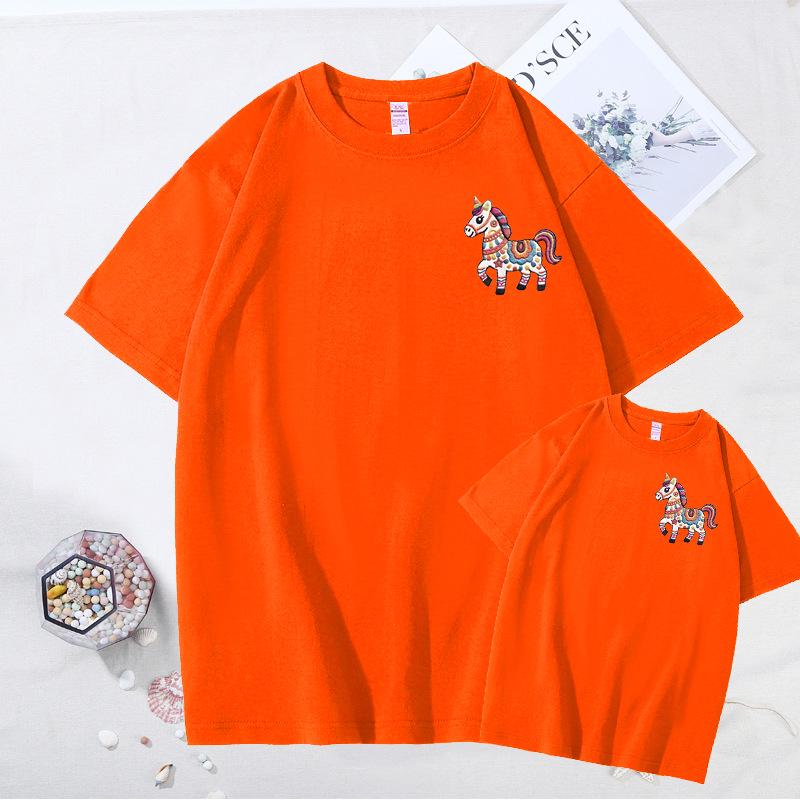 Year of the Horse Zodiac Family T-Shirt: Red Short Sleeve for Parent-Child, New Year Festive Portrait